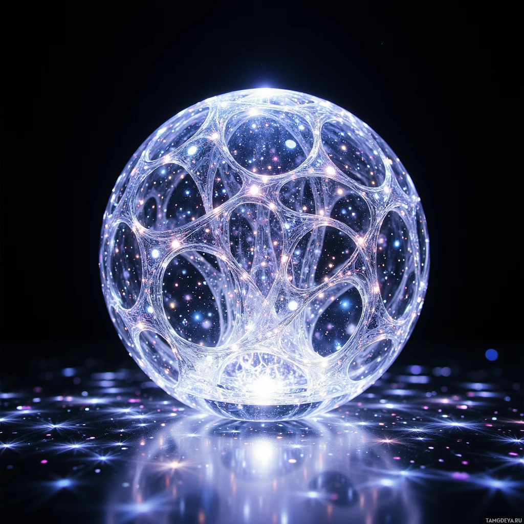 Semi-abstract image with many light, that is suitable for the post:  Silver, fist‑sized translucent crystal sphere with an intricate lattice structure, embedded with thousands of tiny LEDs that pulse and flicker, creating a shimmering holographic display of soft, colorful micro‑images that ripple across its surface.