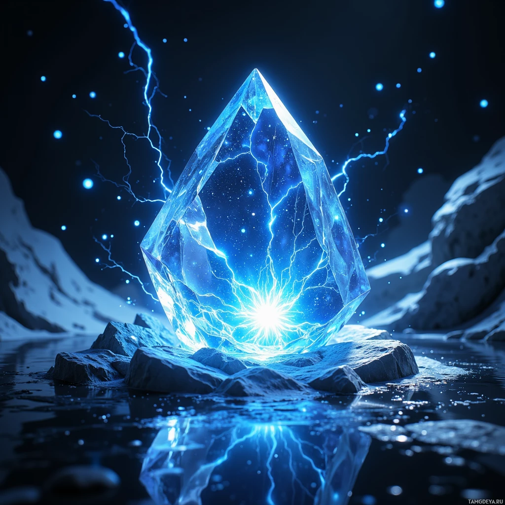 Semi-abstract image with many light, that is suitable for the post:  Translucent, fist‑sized crystal shard with a fish‑eye shimmering surface, intricate internal lattice visible, emitting razor‑sharp bursts of electric blue solar wind, glossy high‑contrast finish, futuristic metallic edges.