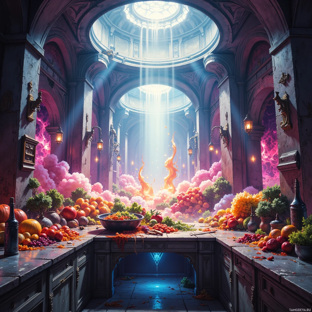 Величественный, богато украшенный интерьер с залитым солнцем куполом и столом, ломящимся от ярких фруктов и овощей.