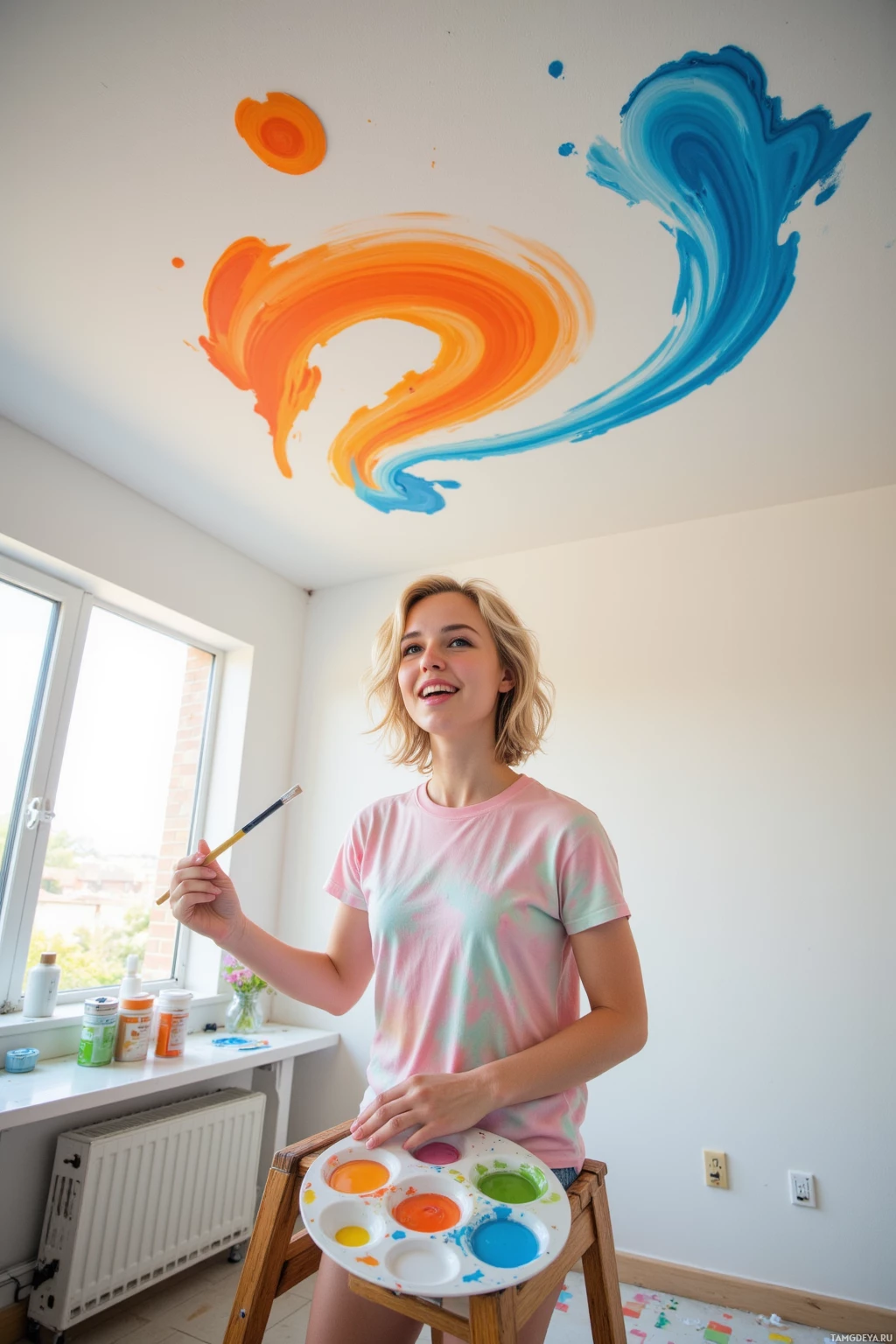 Realistic high quality photo. Morning light in a modern studio apartment shows a 28‑year‑old woman with curly blonde hair, blue eyes, wearing a pastel t‑shirt, standing on a wooden ladder, humming brush in hand, swirling sunset orange and midnight blue paint across a blank white ceiling while a discarded paint palette and paint cans lie in a window, her wide smile framing a chaotic creative mess.