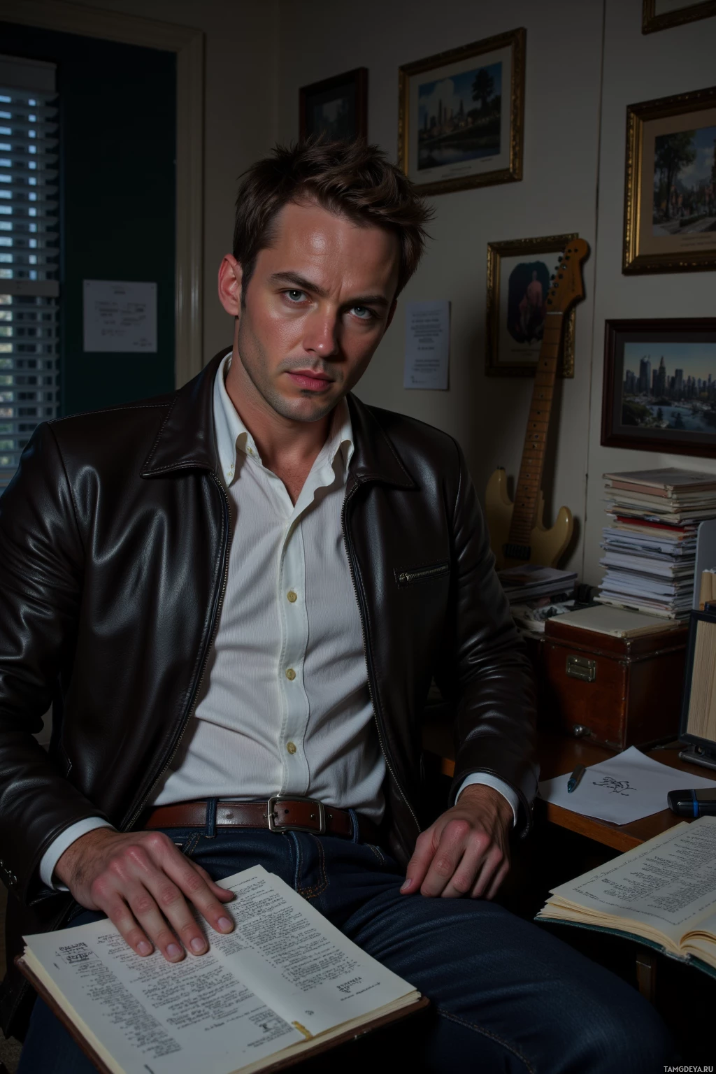 Мужчина в кожаной куртке сидит за столом, на заднем плане гитара и рамки с фотографиями.