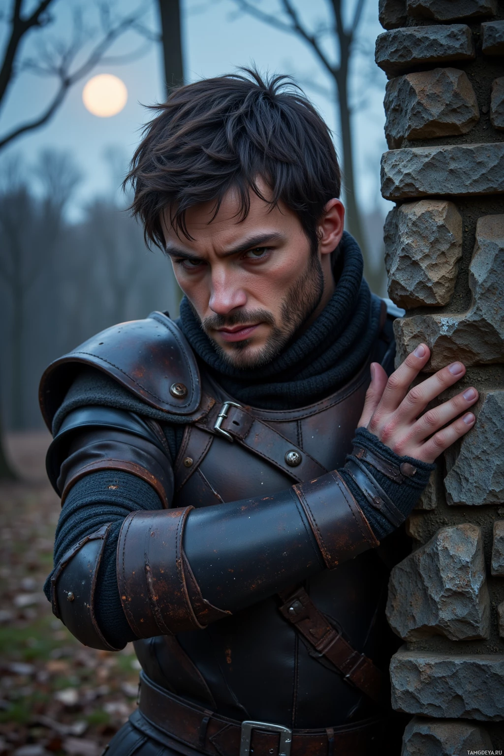 Человек в доспехах, напоминающих средневековые, прислонился к каменной стене в лесу.