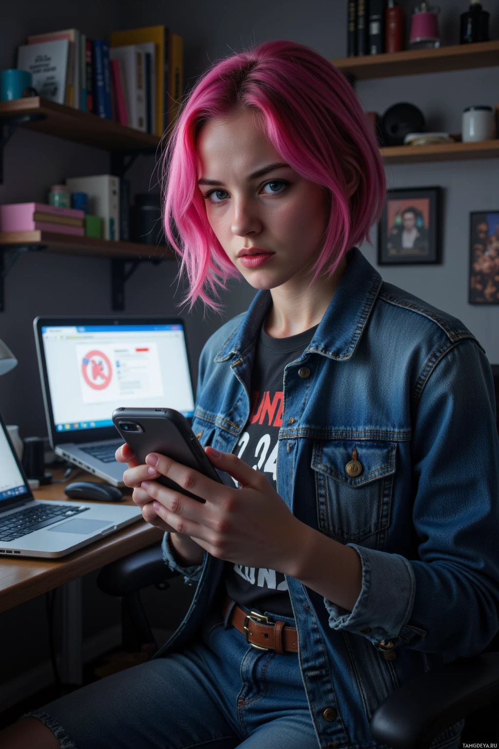 У человека с розовыми волосами на столе сидит, держа в руке телефон и глядя на экран ноутбука.