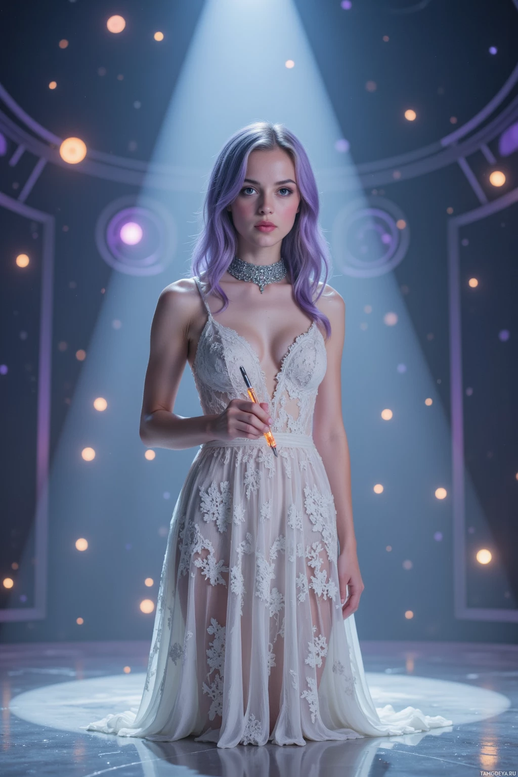 Женщина в белом кружевном платье стоит на сцене, освещенная прожекторами, на фоне мерцающих огней.