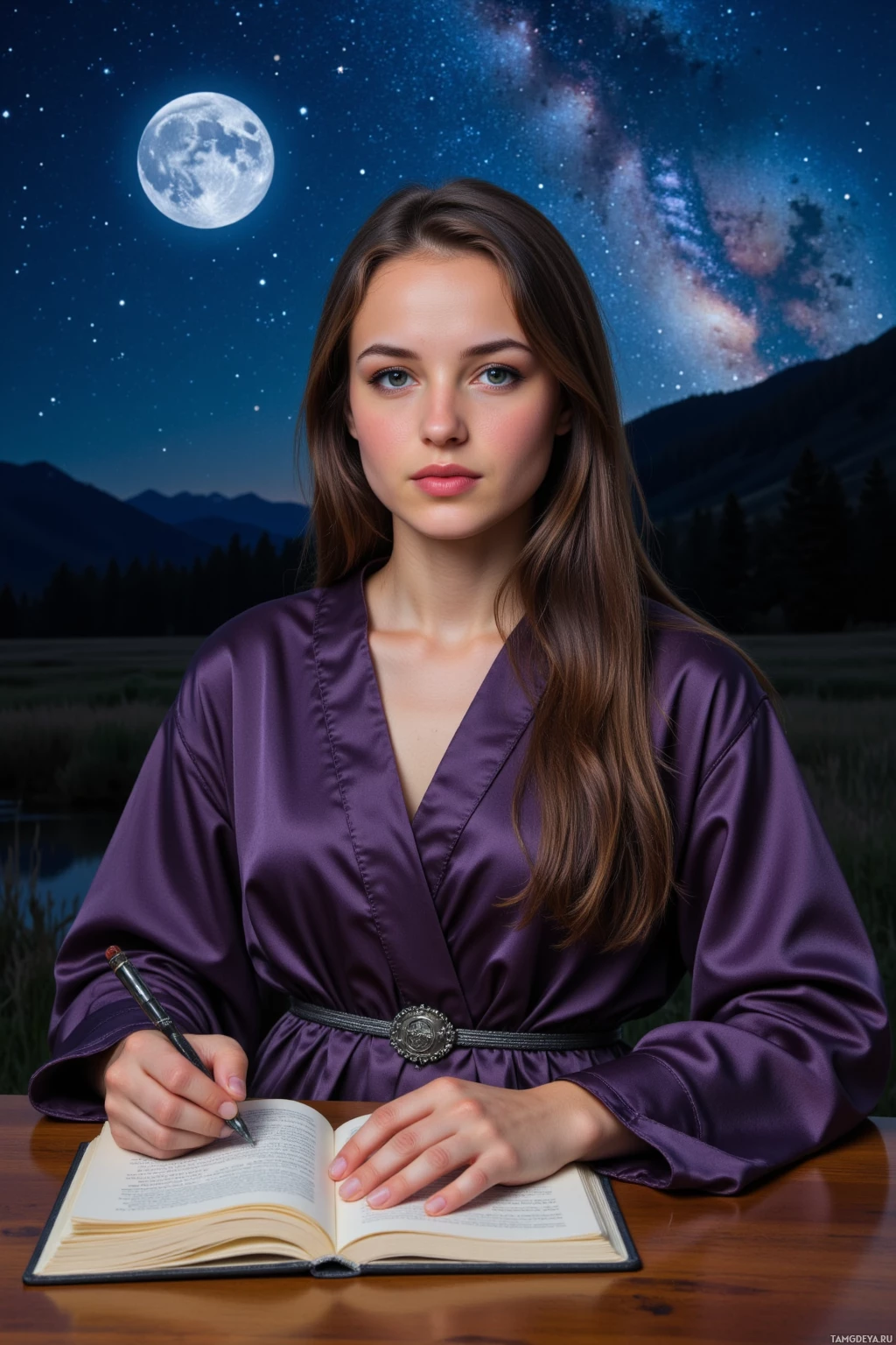 Realistic high quality photo. A 29-year-old woman with long dark brown hair, violet eyes, radiant golden skin, wearing flowing dark purple robes cinched with a silver belt, sits at a wooden desk under a starry night sky with the Milky Way visible, writing in a charcoal‑lined notebook while a full moon illuminates her calm, confident expression as an astrologer.