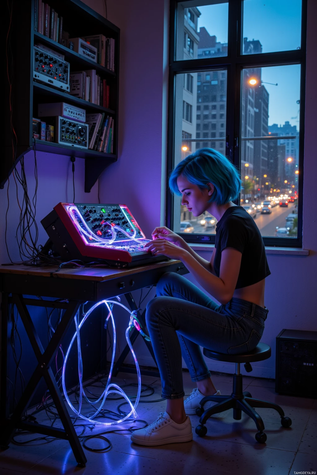 Человек с голубыми волосами сидит за столом, работая над светящимся электронным устройством в полумраке комнаты, из окна которой открывается вид на город.
