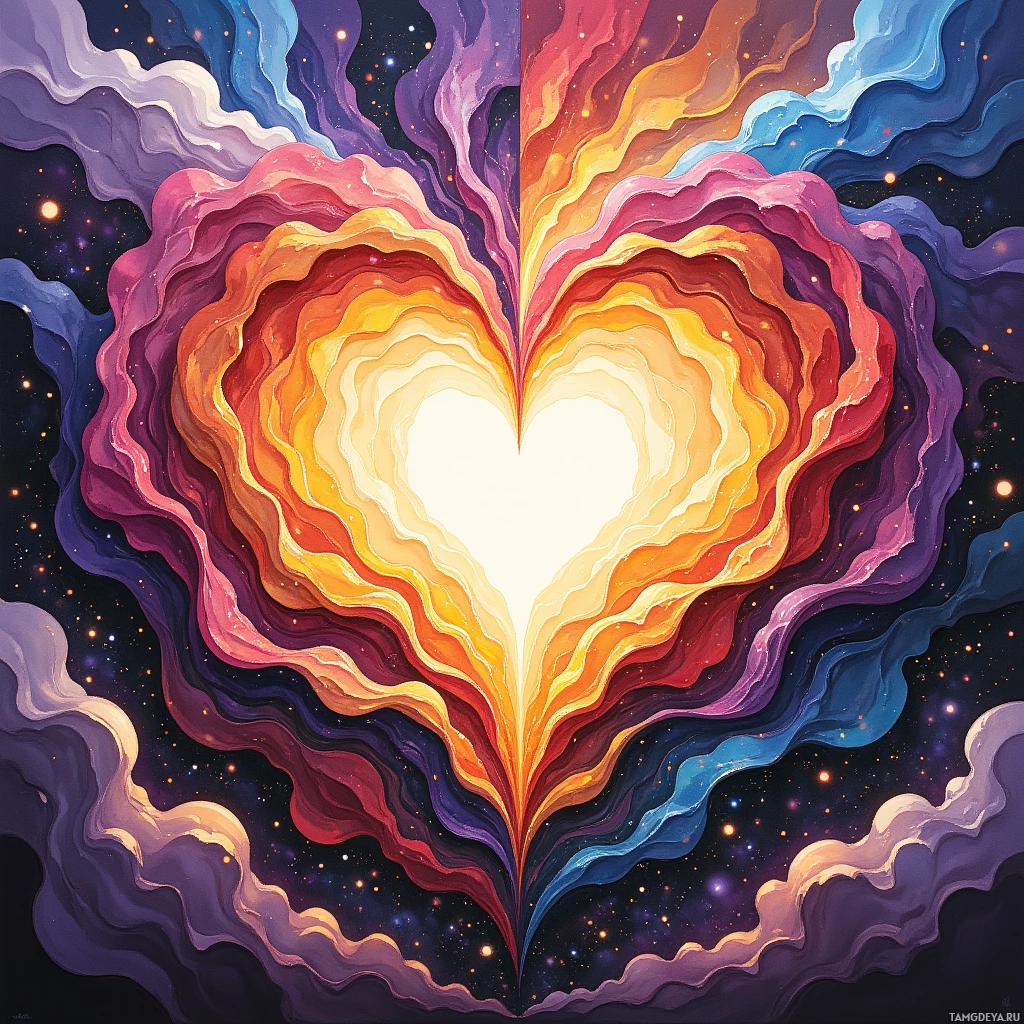 Яркая абстрактная композиция в форме сердца, с вихрями красок и космическим фоном.