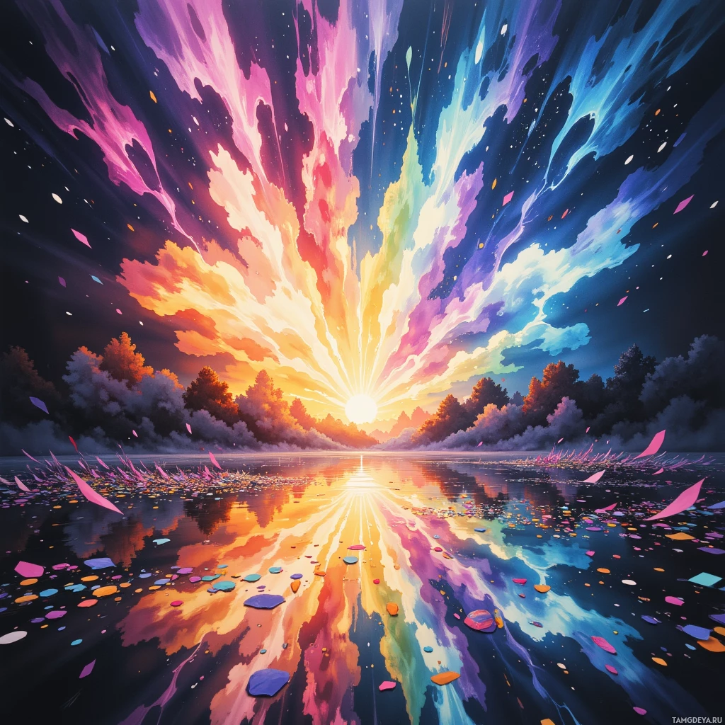 Яркий, красочный взрыв света и цвета расходится во все стороны от светящегося центра, отражаясь в спокойной водной глади.