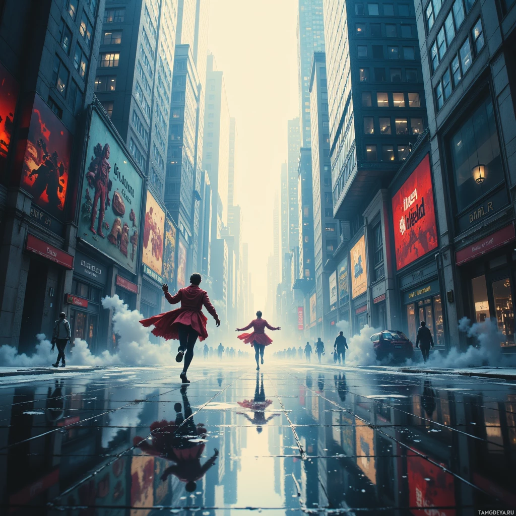 Две танцовщицы в красных платьях бегут по мокрой улице города, на фоне высоких зданий и рекламных щитов.