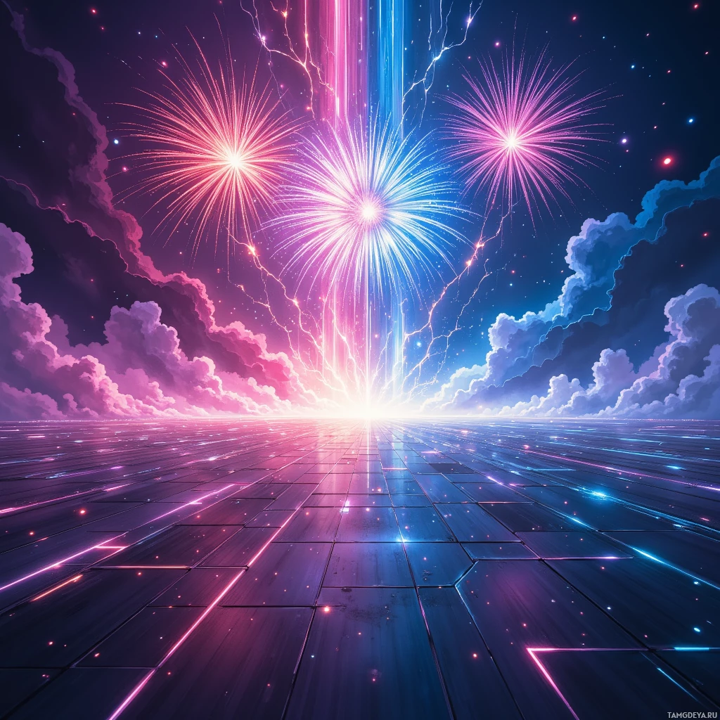 Semi-abstract image with many empty light space at center of beautiful background, that is suitable for the post:  Blueprints pulse like neon fireworks, each spark a stubborn wish for a new world.