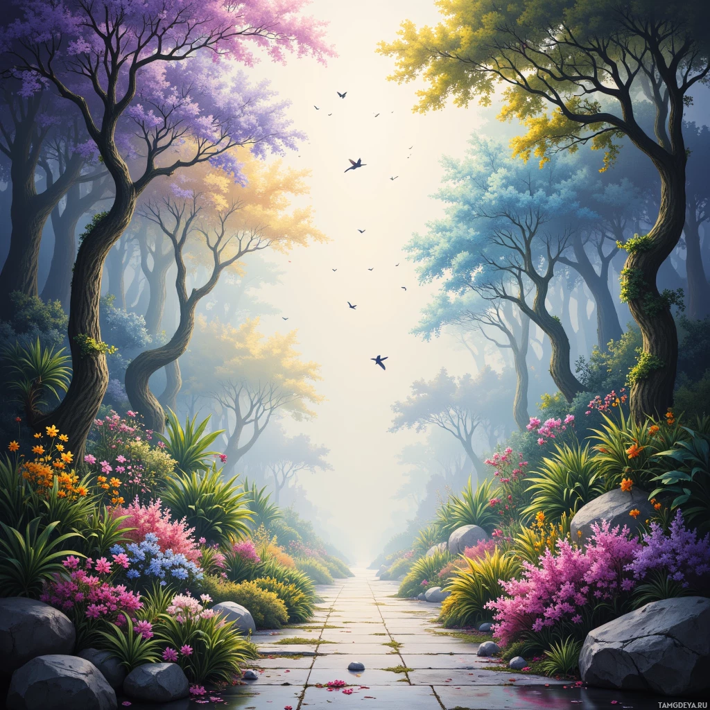 Тихая лесная тропинка, обрамленная яркими цветами и деревьями, уходящая к светящемуся, туманному горизонту.