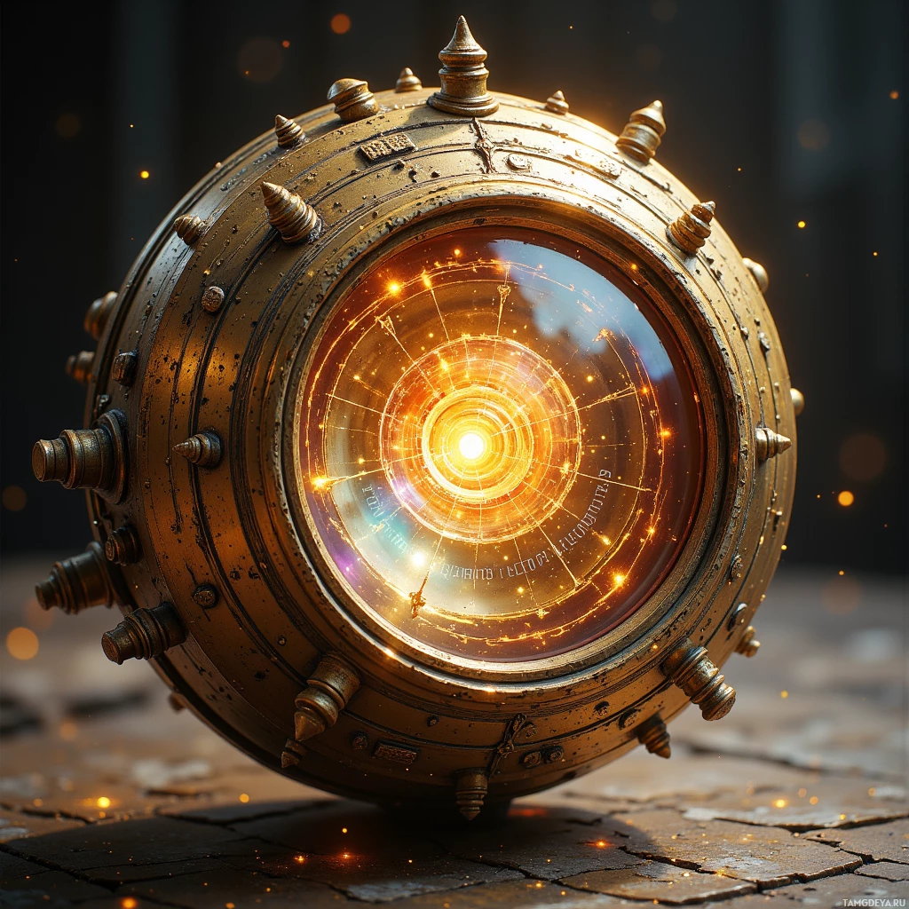 Золотистое, сложное сферическое устройство с подсвеченными элементами на темном фоне.