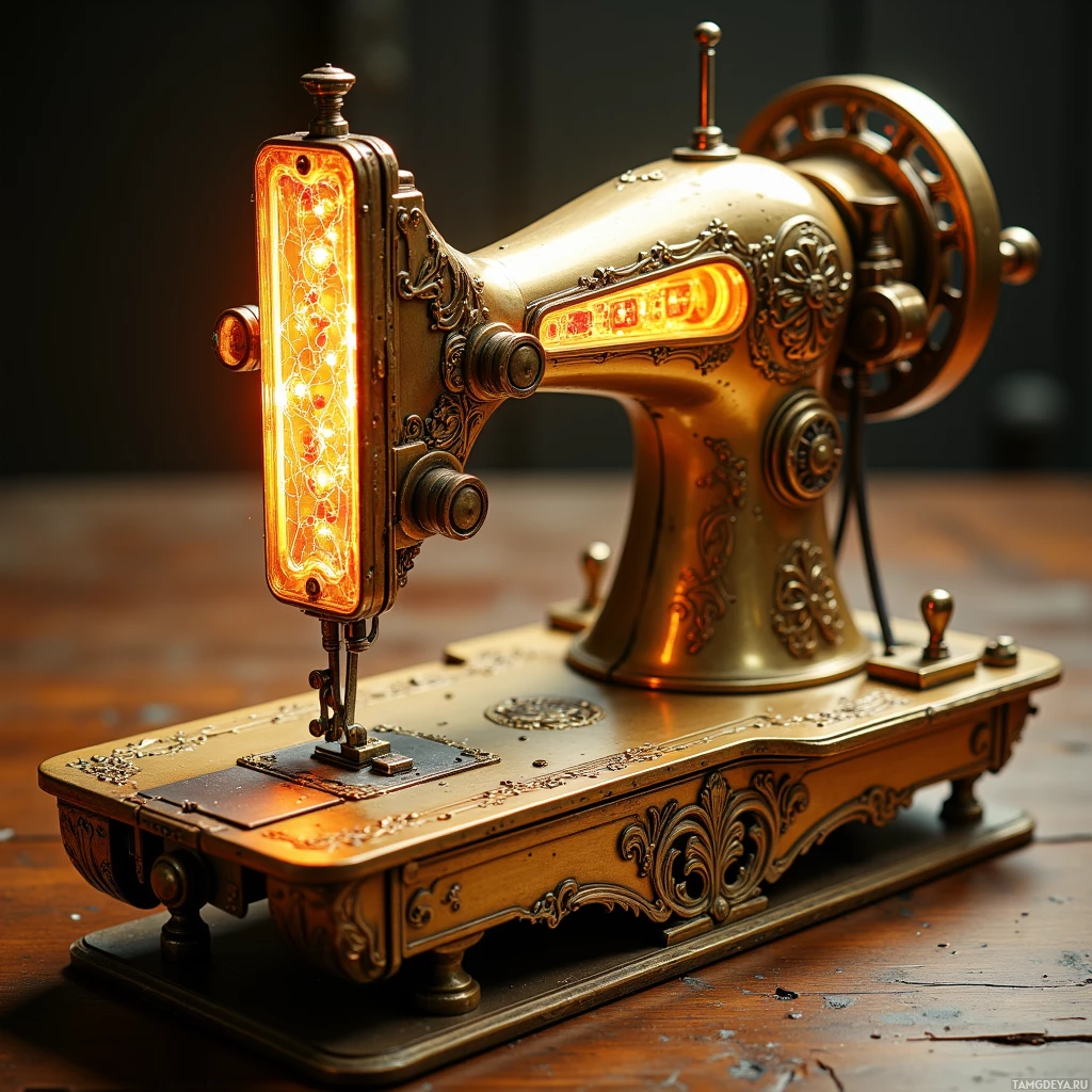 Изящная старинная швейная машинка с замысловатой отделкой и светящейся лампой сбоку.