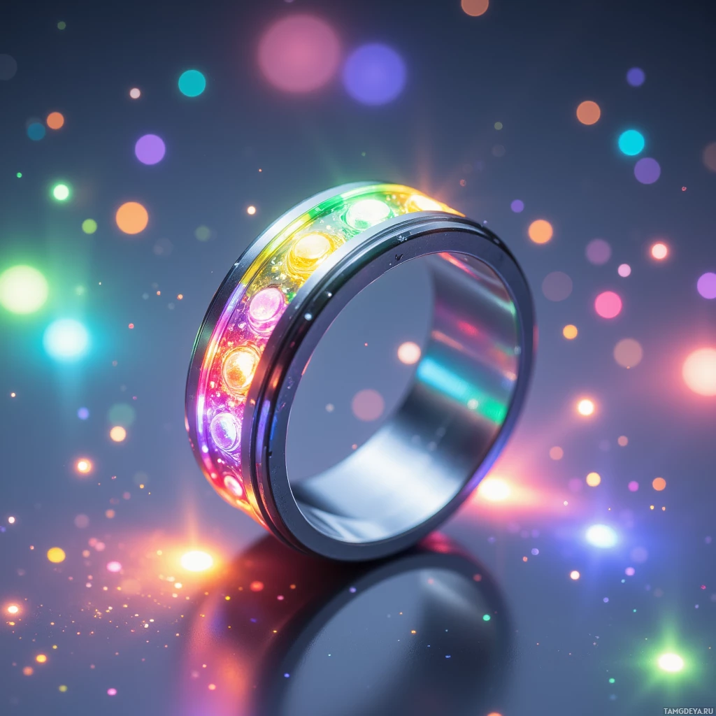 Светящееся, красочное кольцо с отражающей поверхностью на фоне яркого боке.