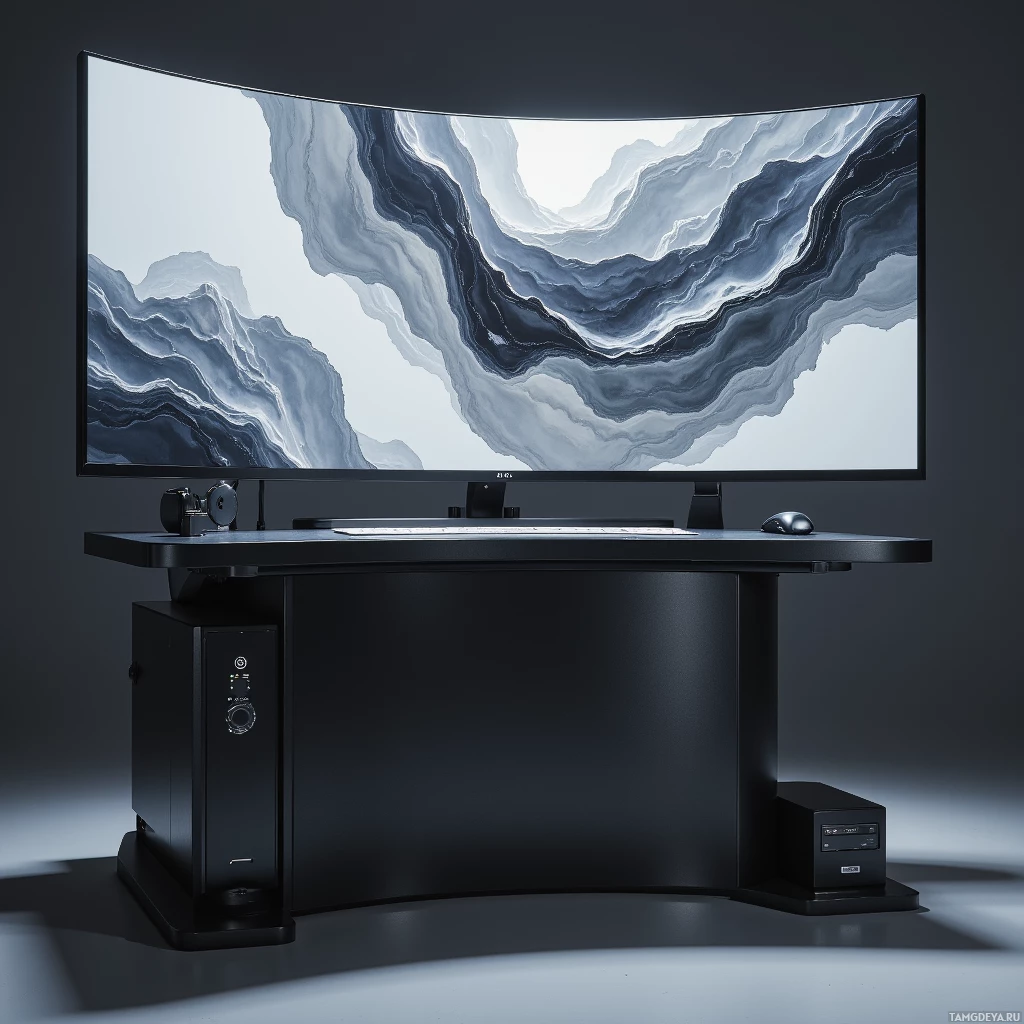 Стильный и современный рабочий стол с изогнутым монитором, клавиатурой, мышью и компактным системным блоком.