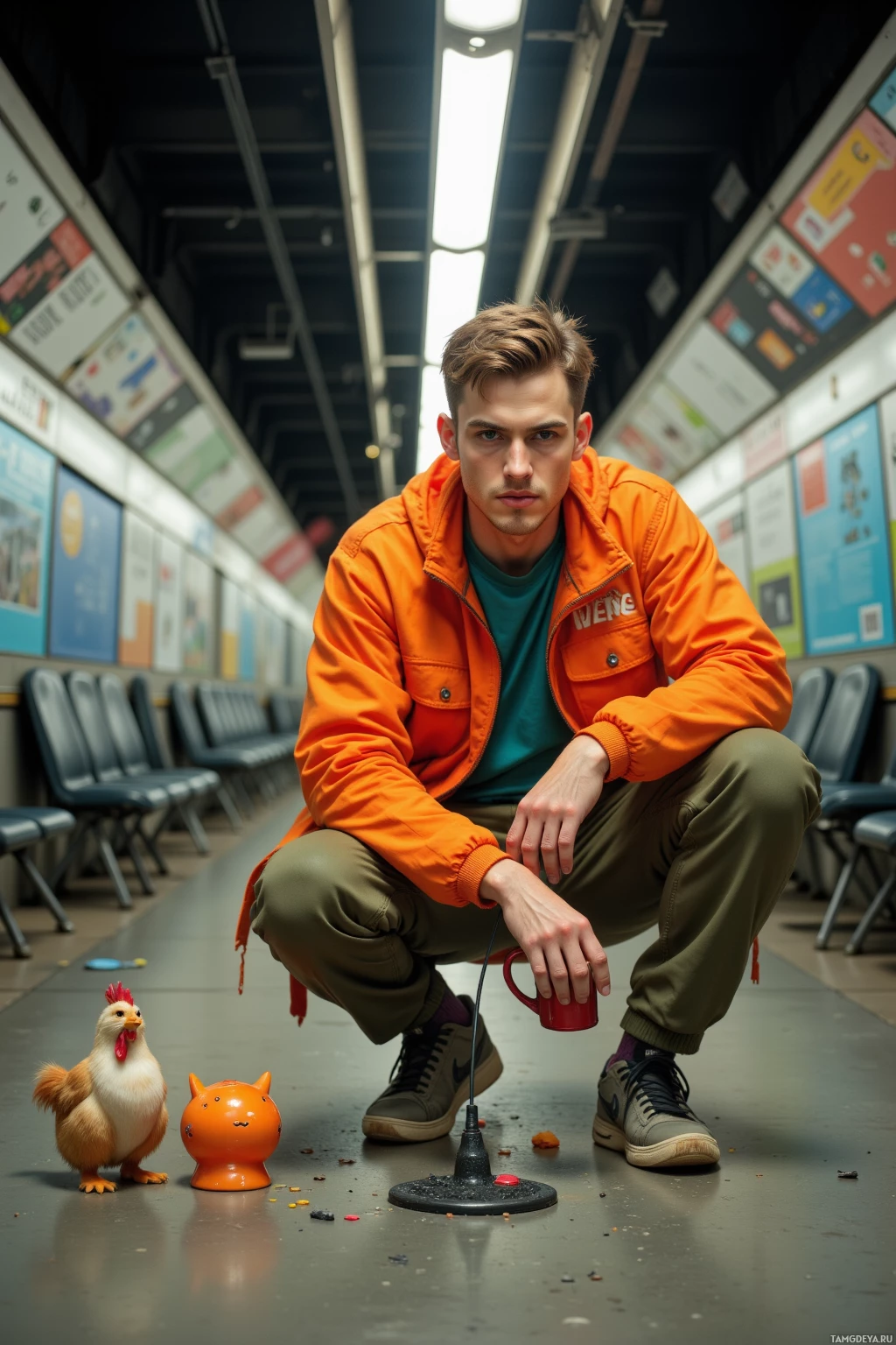 В коридоре, на полу, рядом с игрушечным цыпленком и оранжевым предметом, присел человек в оранжевой куртке и зеленых штанах.