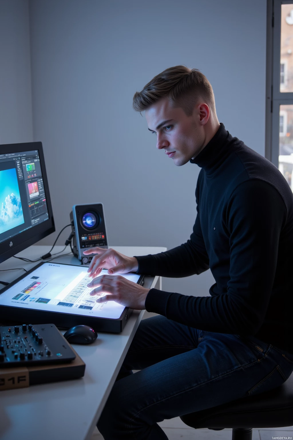 Человек сидит за столом и работает на компьютере, на мониторе отображается красочный интерфейс.