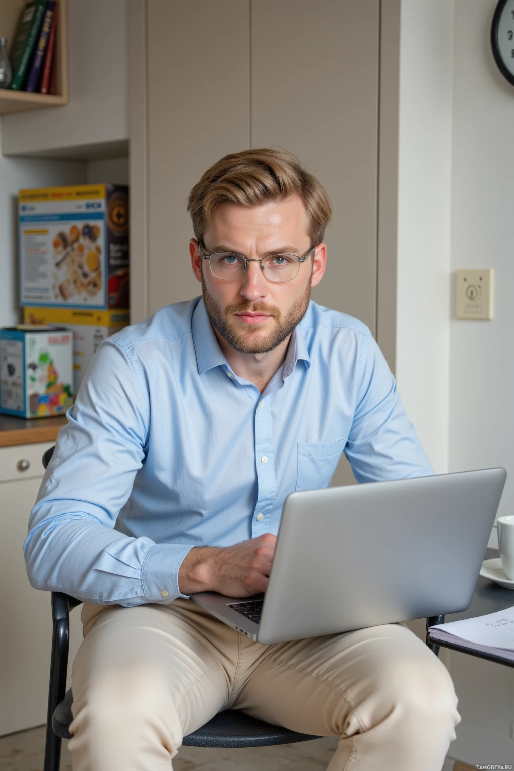 Мужчина в светло-голубой рубашке сидит за столом с ноутбуком, сосредоточенно глядя вперед.