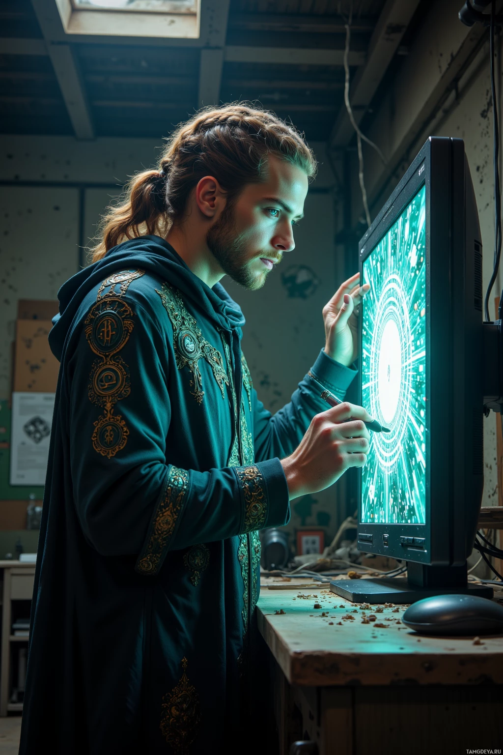 В мастерской стоит человек в капюшоне, взаимодействуя с компьютерным монитором, на котором отображается светящийся, сложный узор.