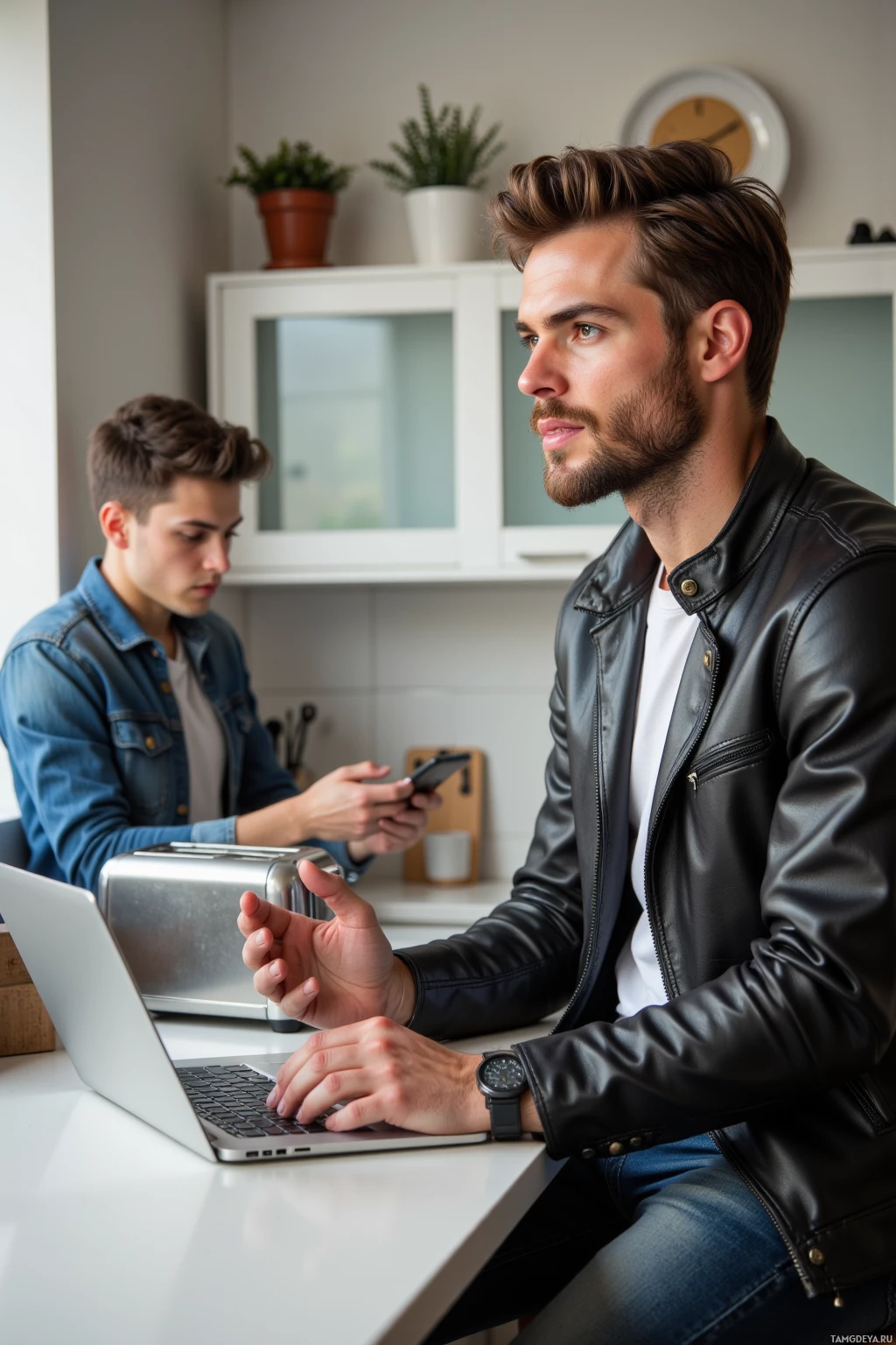 Два мужчины сидят за столом: один работает на ноутбуке, а другой держит в руках телефон.