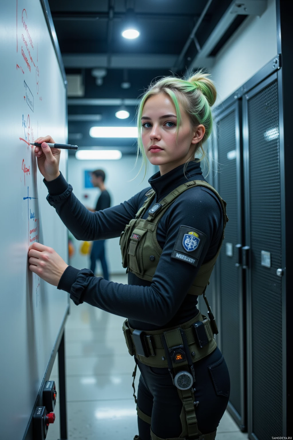 Человек в тактическом снаряжении пишет на доске объявлений в коридоре.