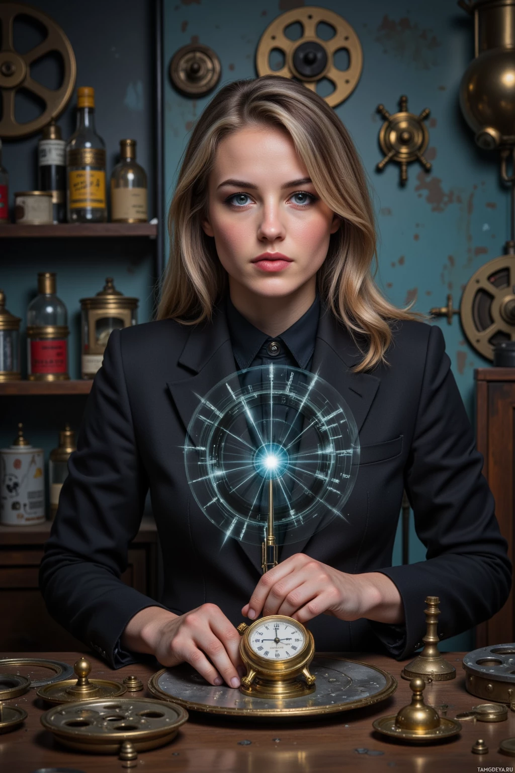 Женщина в костюме стоит на фоне с винтажными предметами, держа в руках компас.