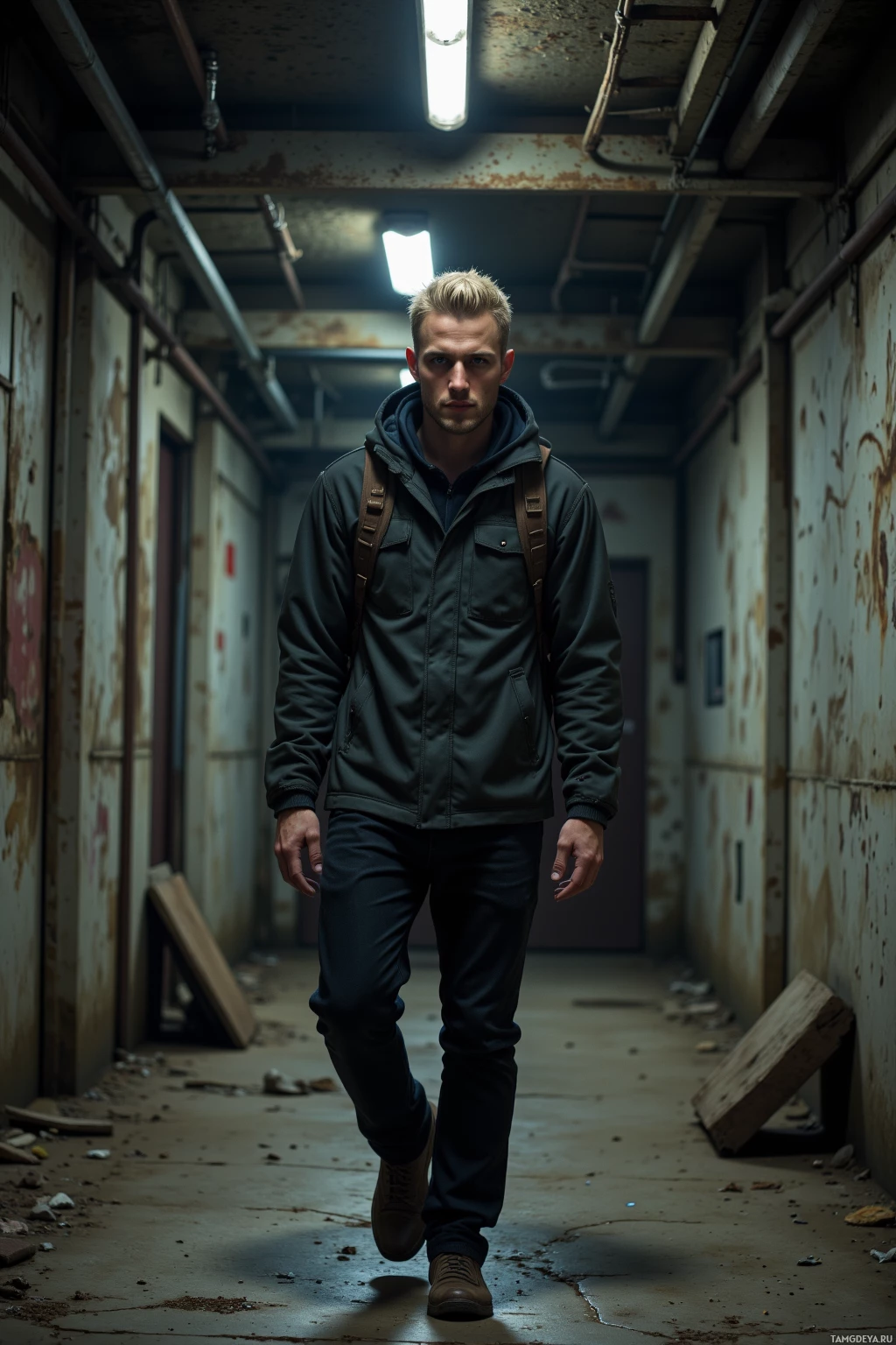 Мужчина идёт по тусклому, проржавшему коридору.