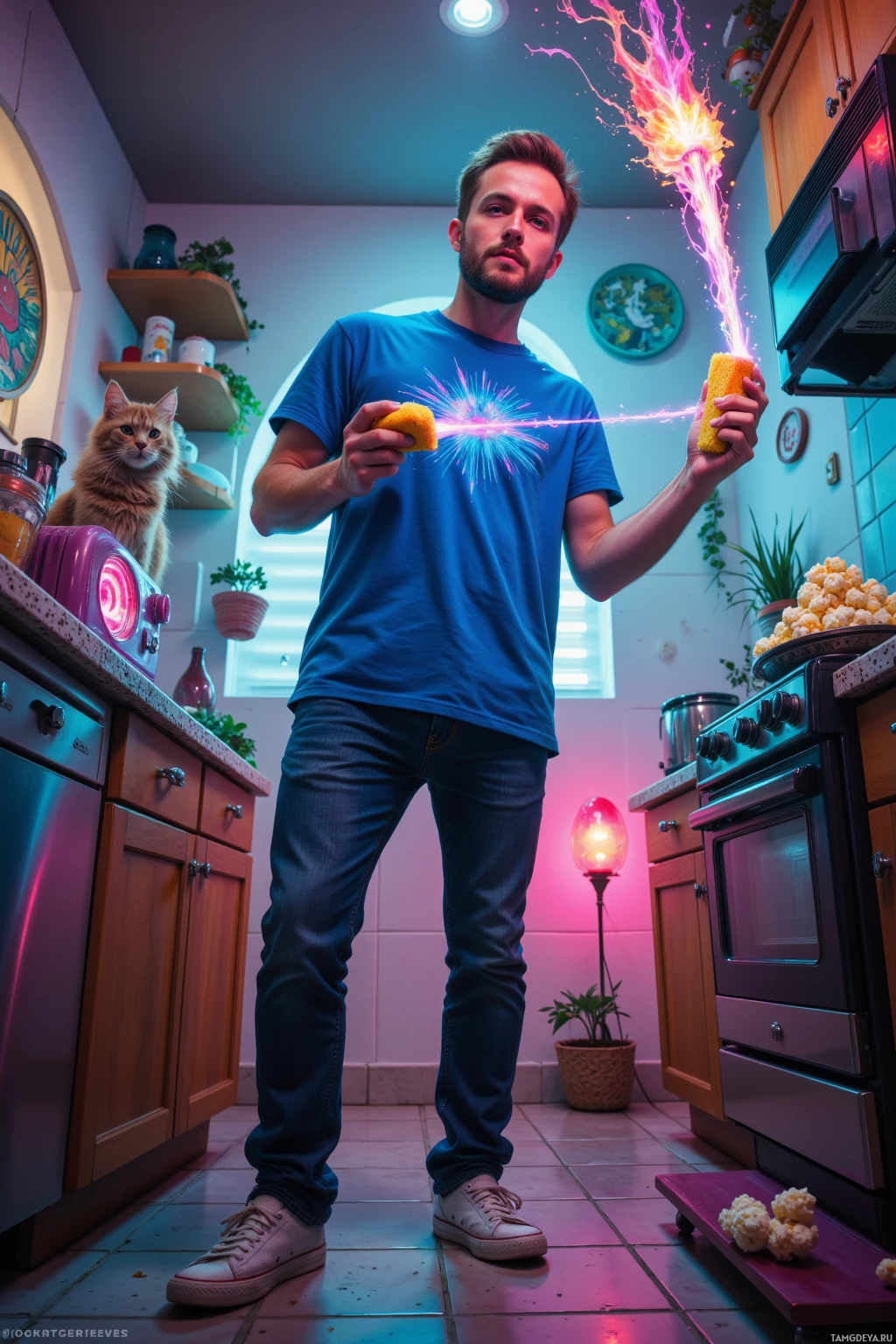 Мужчина стоит на кухне, держа в руках светящийся предмет, на столе сидит кошка, а вокруг царит яркая, красочная атмосфера.