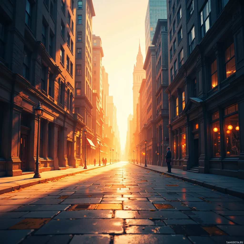 Городская улица, утопающая в золотистом солнце, с высокими зданиями по обеим сторонам.