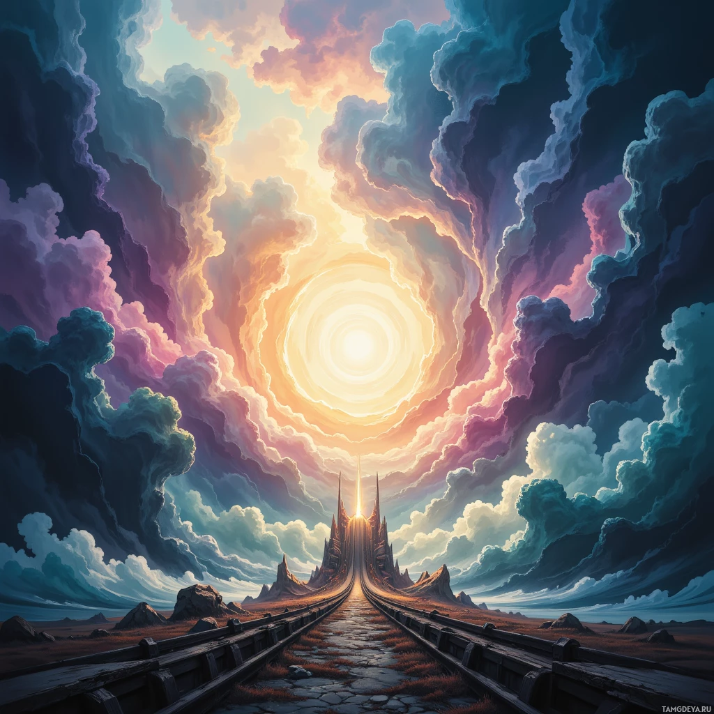 Фантастический пейзаж с сияющим порталом, окружённым эффектными, разноцветными облаками и каменной тропинкой, ведущей к нему.