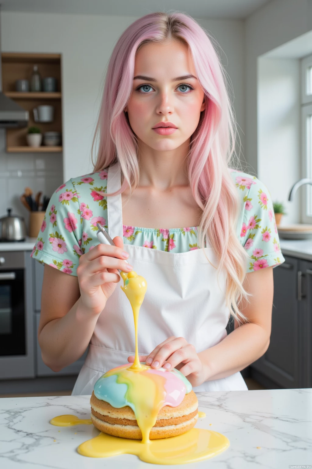 Человек с розовыми волосами в цветовой рубашке и фартуке украшает торт разноцветной глазурью.