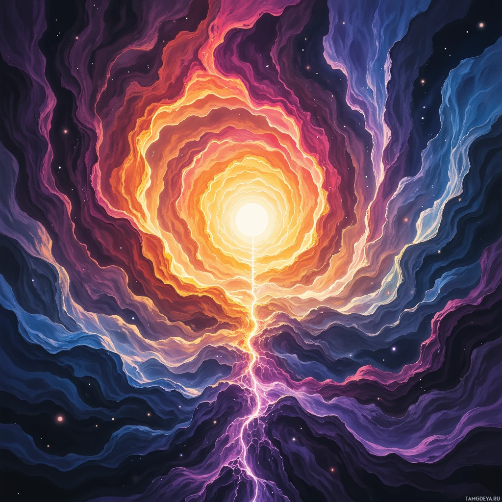 Яркий, абстрактный спираль, переливающийся вихрем красок и с ярким светом в центре.