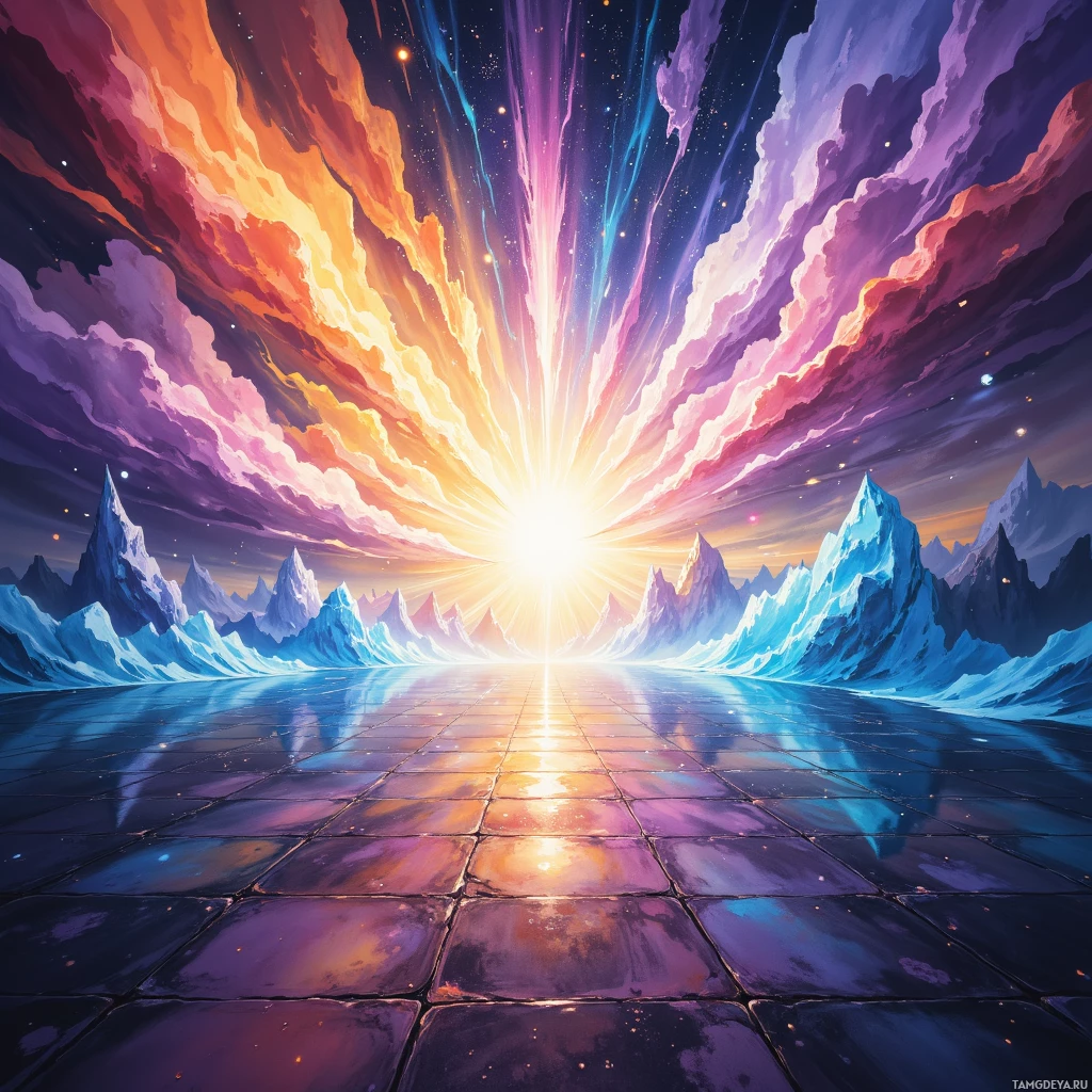 Яркий, сказочный пейзаж с сияющим солнечным лучом, разноцветными облаками, заснеженными горами и мощёной дорогой, отражающей свет и уходящей к горизонту.