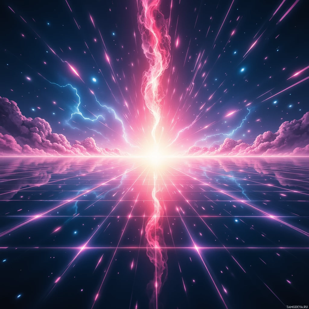 Яркая космическая сцена с сияющим вертикальным лучом света, полосами света и звездным небом.