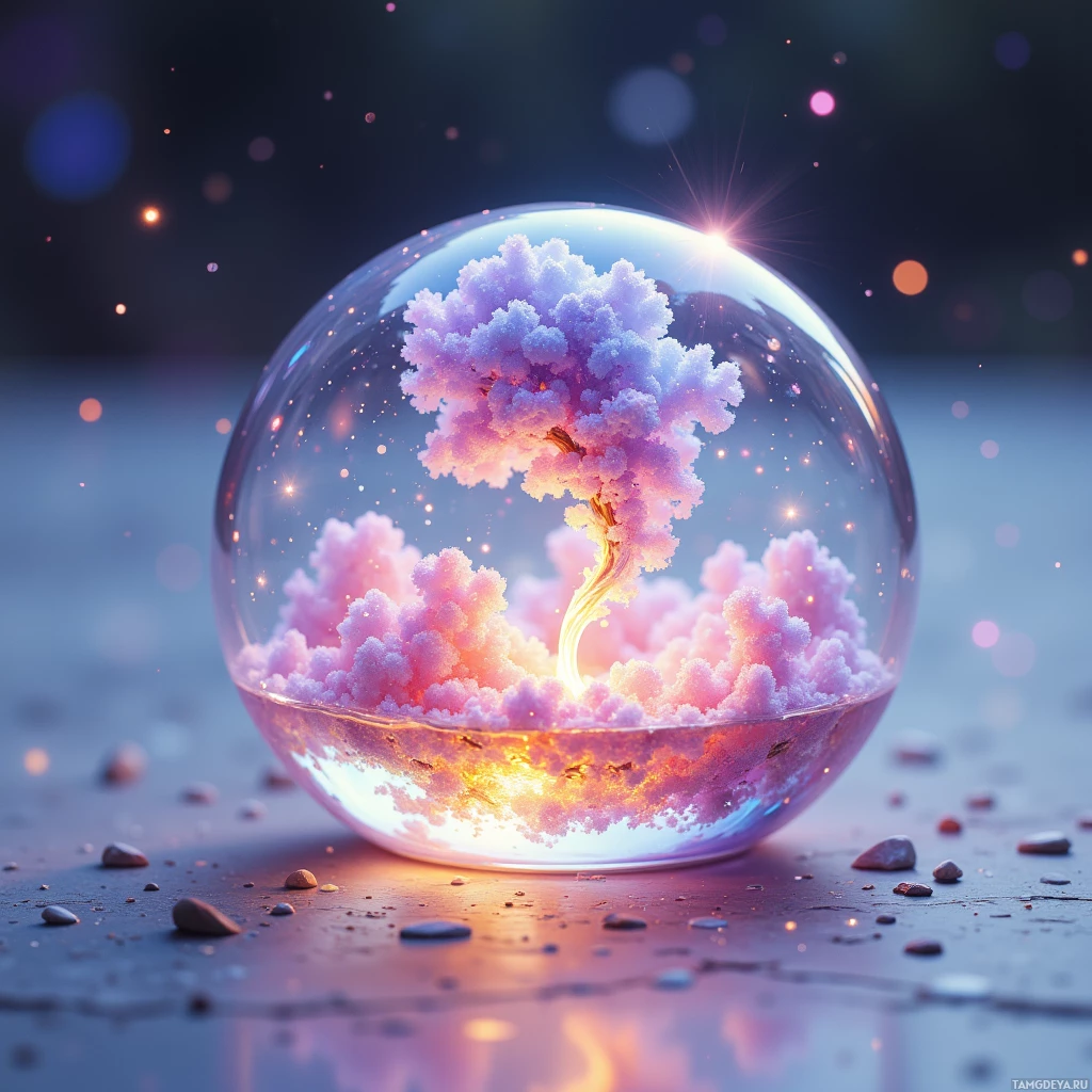 Сияющее, неземное дерево, заключенное в стеклянной сфере, окруженной мерцающими частицами.