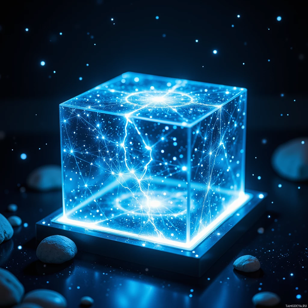 Синий светящийся куб с замысловатыми световыми узорами покоится на тёмной поверхности, усыпанной камнями.