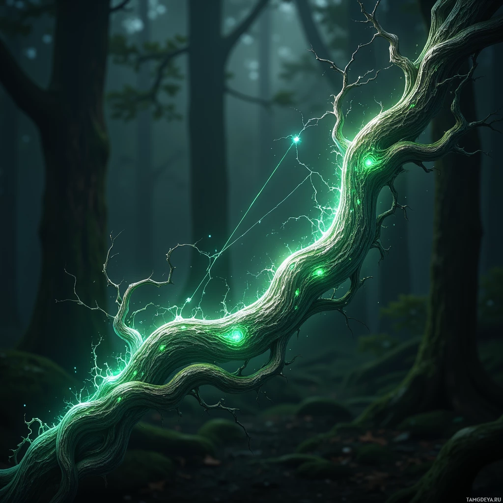 Светлая, неземная ветвь дерева в темном лесу.