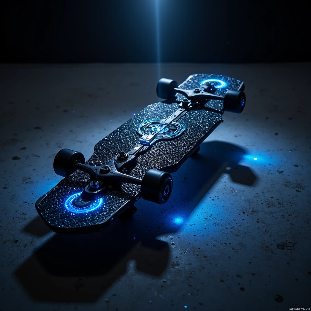 Футуристический скейтборд с голубой подсветкой и элегантным дизайном представлен на темном фоне.
