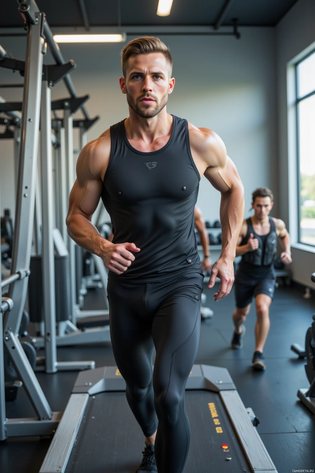 Мускулистый мужчина бежит на беговой дорожке в спортзале.