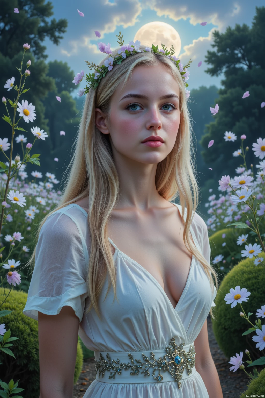 В саду, полном цветущих растений, стоит женщина в белом платье с венком из цветов.