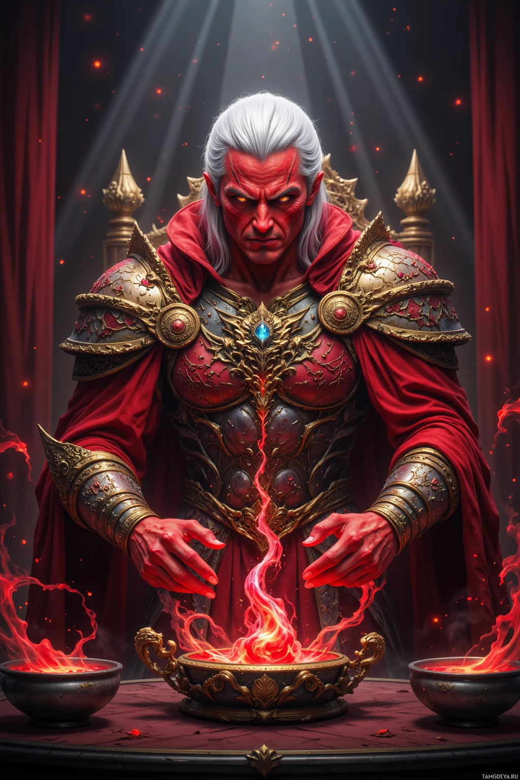 Демонический персонаж в искусно выполненных доспехах стоит перед пылающим красным пламенем, окруженный красным светом и темными драпировками.