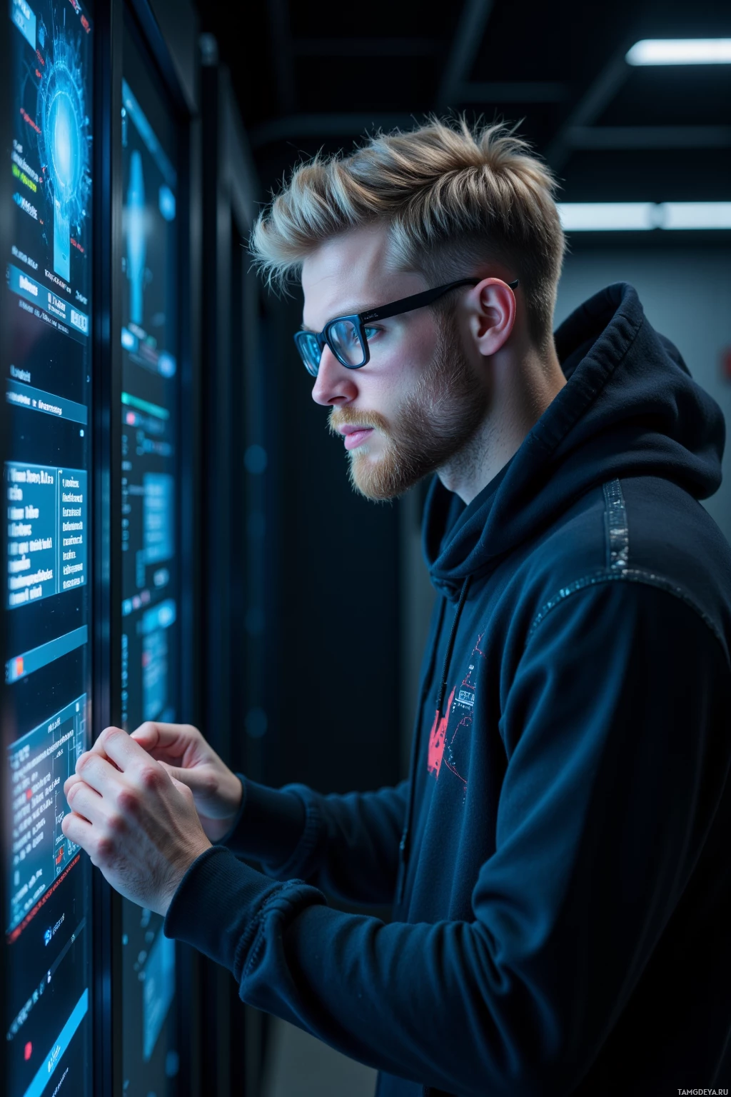 Человек в очках и толстовке взаимодействует с большим цифровым экраном.