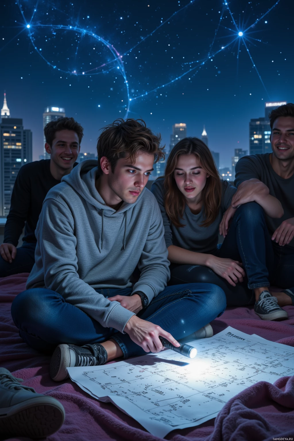 Четверо друзей сидят на пледе, освещенные фонариком, и рассматривают большой лист бумаги.