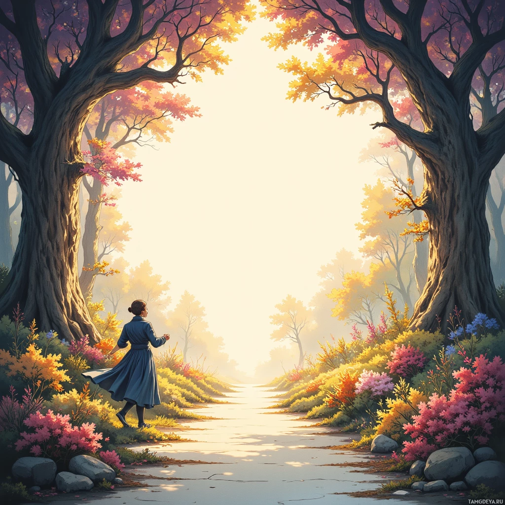 Спокойная лесная сцена: человек идет по тропинке, окруженной разноцветной осенней листвой.