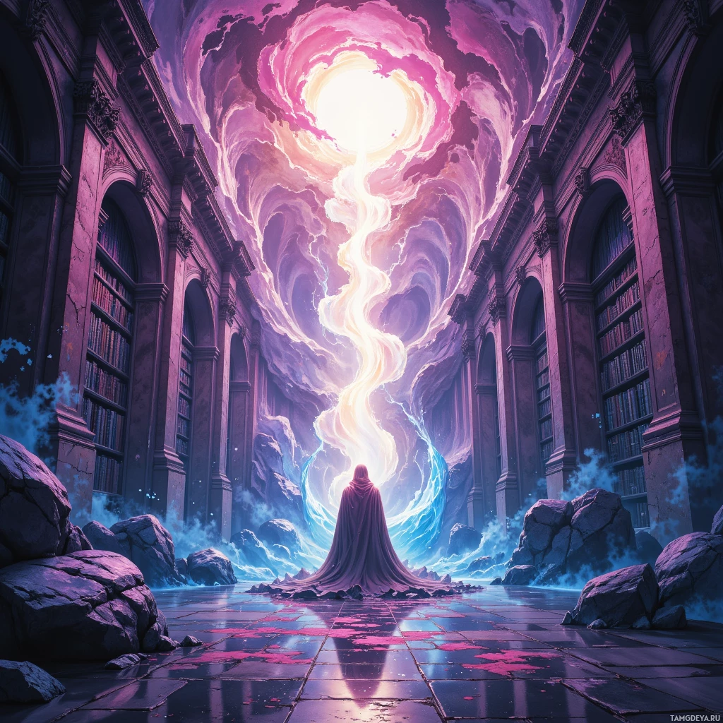 Фигура в плаще стоит перед величественным, неземным порталом в библиотеке.