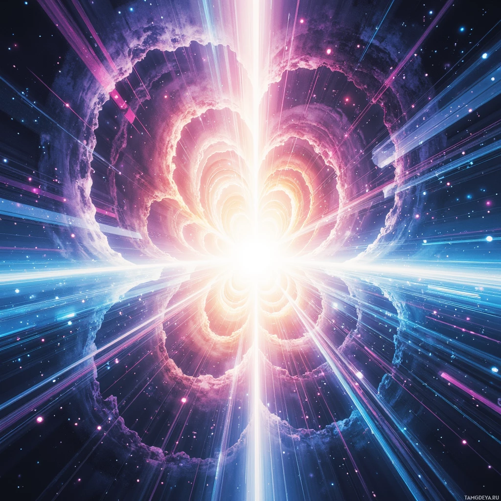 Яркая космическая сцена с сияющим центральным светом, окружённым клубящимися туманностями и полосами света.