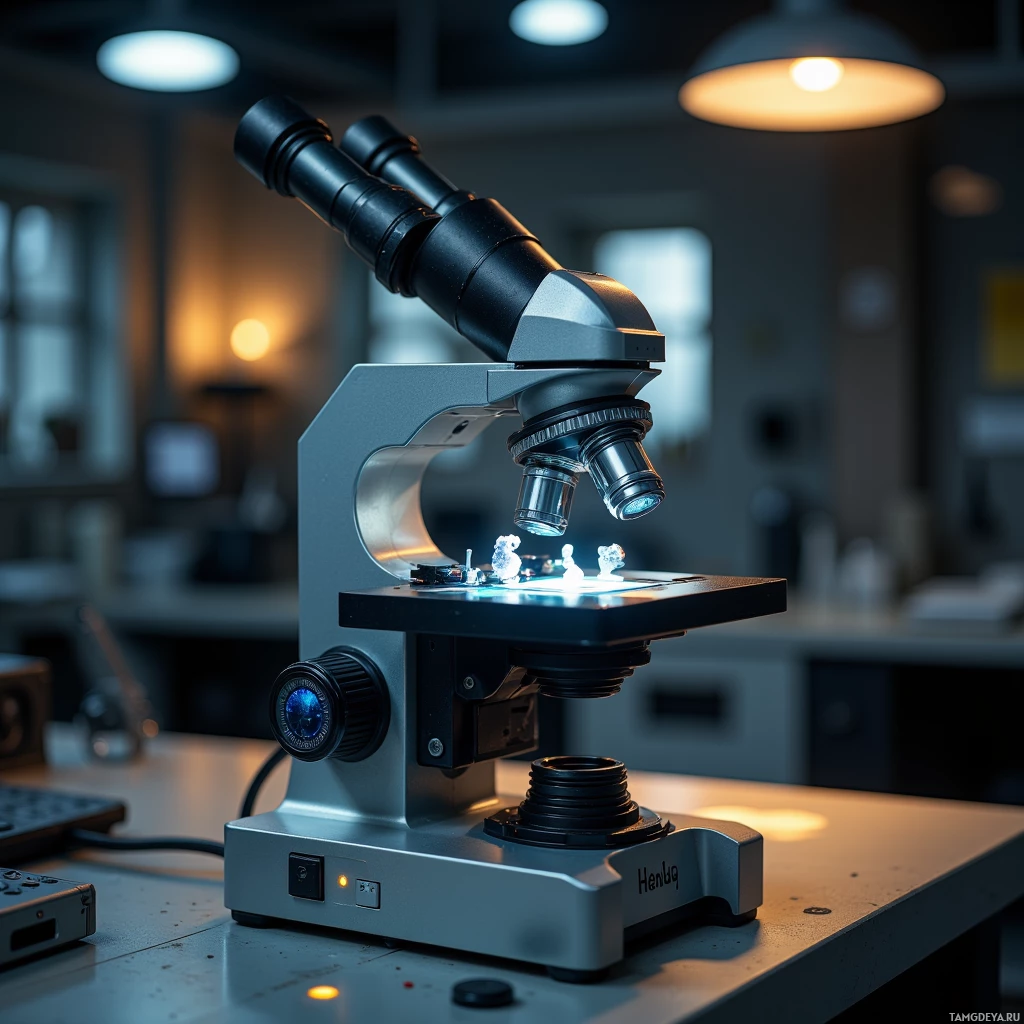 Современный микроскоп установлен в лаборатории, на предметный столик направлен сфокусированный свет.