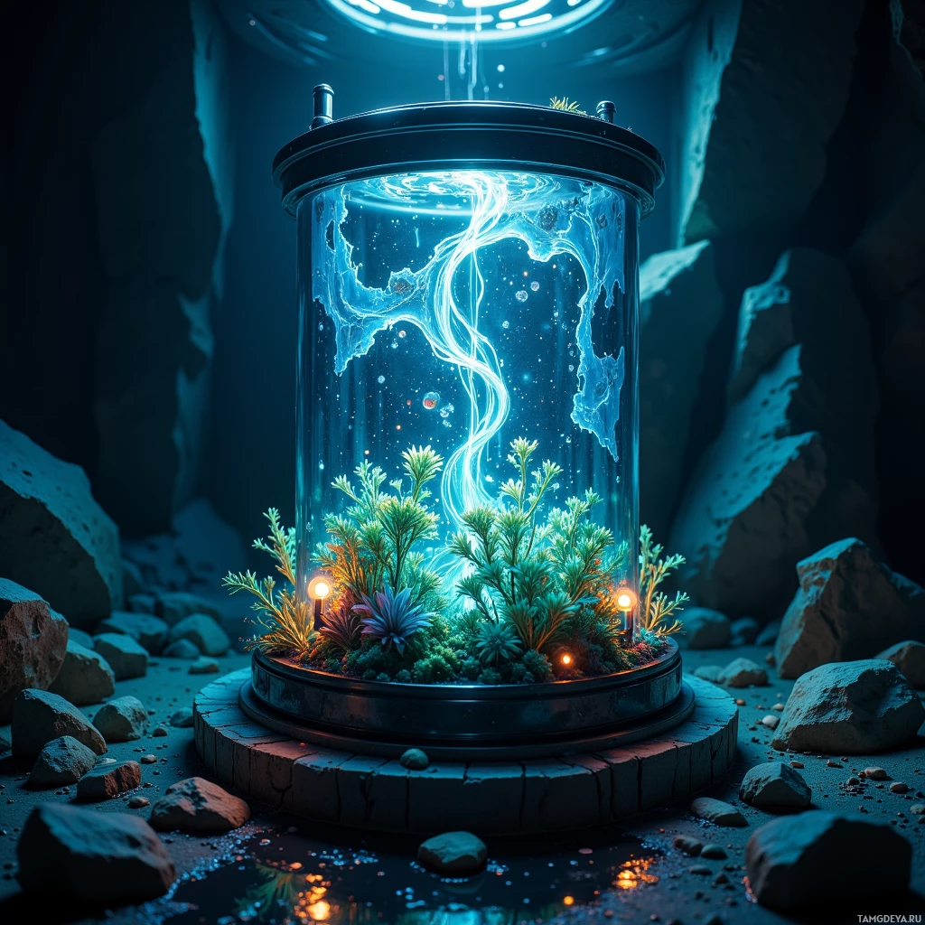 Светящийся, футуристичный террариум с растениями и светящимися элементами, расположенный в скалистой местности.