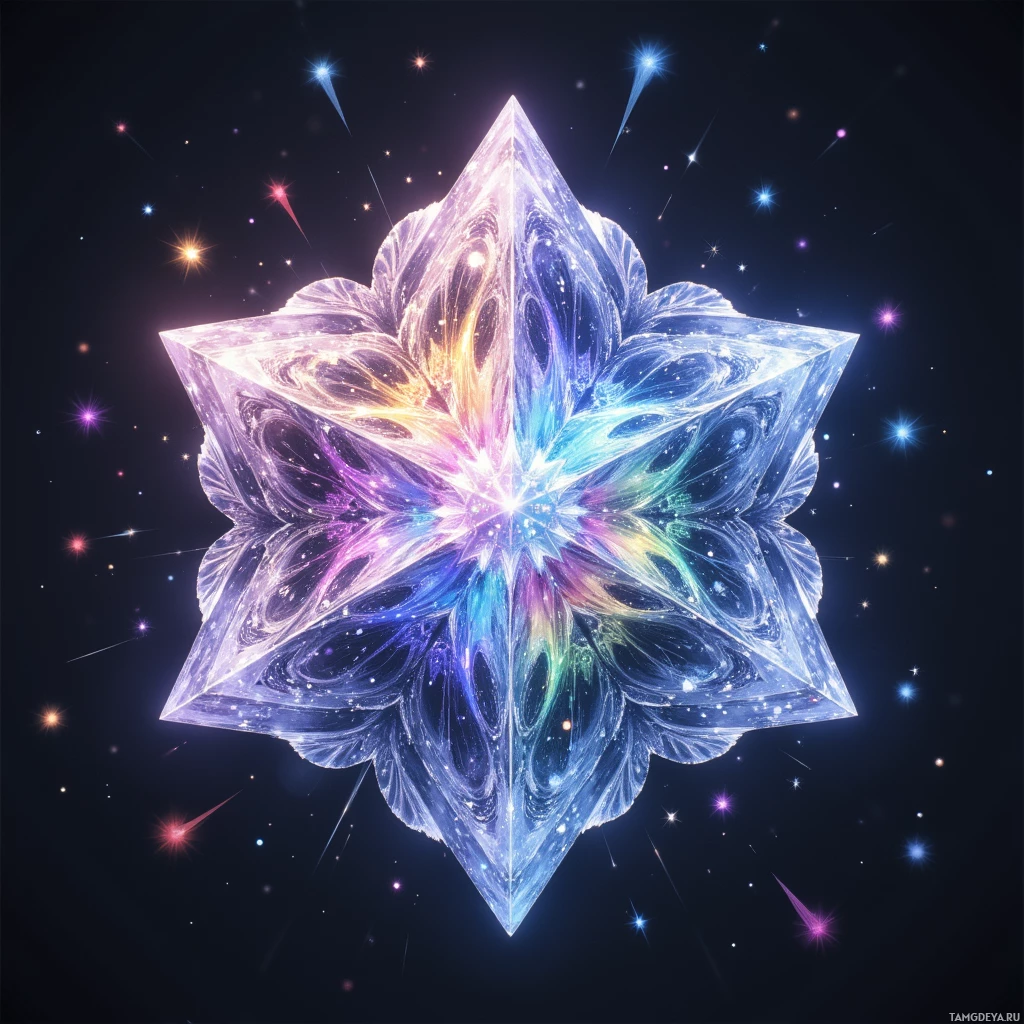 Яркий, звёздообразный фрактал на фоне космического пространства.