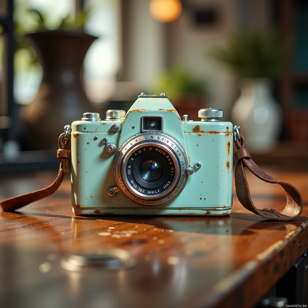 Винтажная камера с кожаным ремешком лежит на деревянной поверхности.